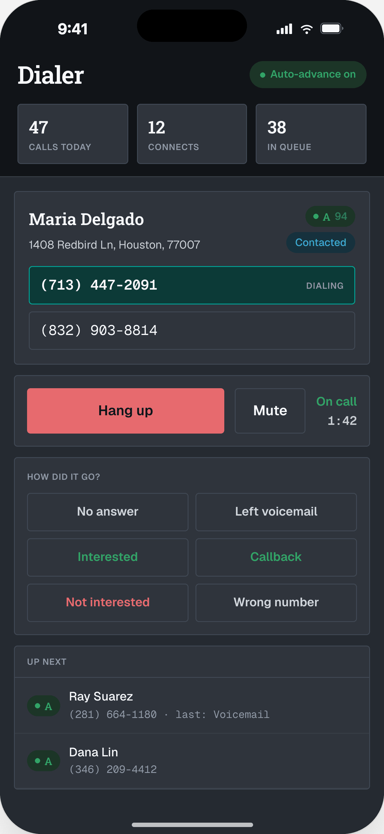 Axon's dialer on a phone: a ranked lead mid-call, with one-tap outcome buttons