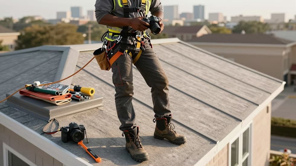 A harnessed roofer documenting a Houston roof, city skyline behind